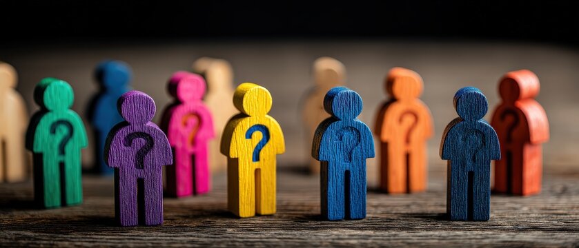 Colorful wooden figures with question marks stand on a wooden surface, symbolizing inquiry and curiosity in a playful arrangement.