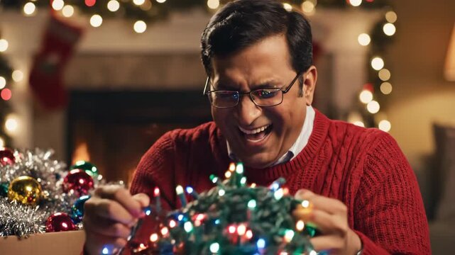 Man untangling Christmas lights with frustration turning to laughter while decorating for holiday footage.