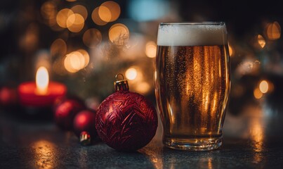 A glass of beer sits next to a red Christmas ornament