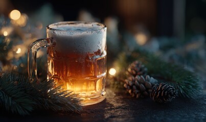 A mug of beer is sitting on a table with pine needles and twigs
