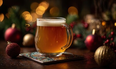 A mug of beer sits on a coaster next to a Christmas tree