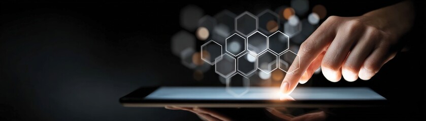 A hand interacts with a tablet, illustrating technology and innovation, with abstract hexagonal shapes in the background.