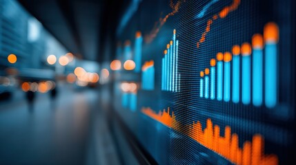 A close-up view of a digital display showing financial graphs with vibrant blue and orange colors, set against a blurred urban background.