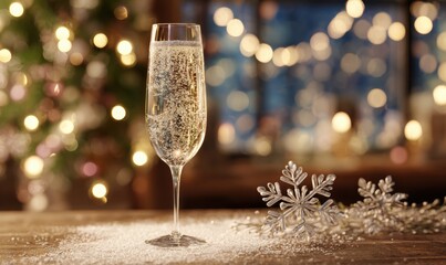 A glass of champagne is on a table with a snowflake decoration