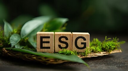 The image features wooden blocks spelling "ESG" surrounded by greenery, symbolizing environmental, social, and governance principles.