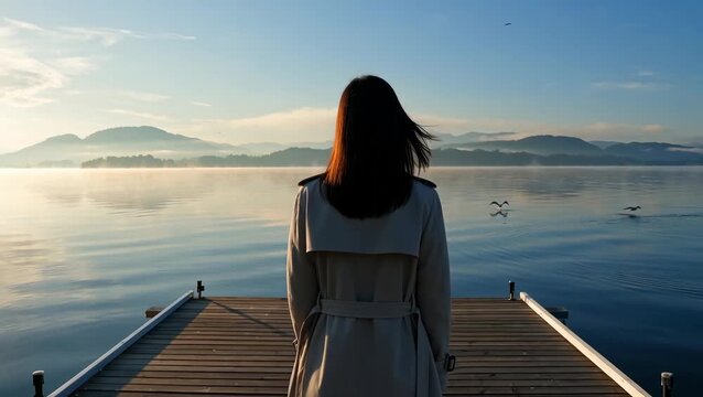 Reflection of a Young Female in a Tranquil Lake Scene at Dawn