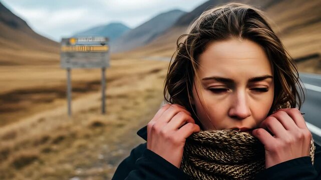 Close-up woman wrapped in scarf on mountain trail