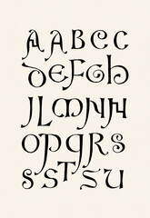 Hand-drawn alphabet created with ink and pen. Artistic black lettering in ornamental calligraphic style on beige paper background.