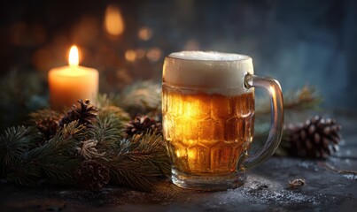 A mug of beer sits on a table next to a candle