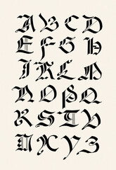 Hand-drawn alphabet created with ink and pen. Artistic black lettering in ornamental calligraphic style on beige paper background.