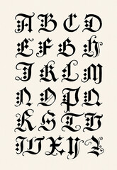 Hand-drawn alphabet created with ink and pen. Artistic black lettering in ornamental calligraphic style on beige paper background.