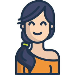 Close up portrait of a happy young woman with dark hair tied in a side ponytail wearing an orange off the shoulder top isolated on a transparent background with clean lines