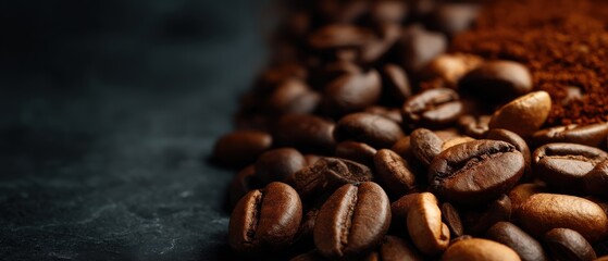 Fototapeta premium A close-up of coffee beans and ground coffee, showcasing rich textures and colors, set against a dark background.