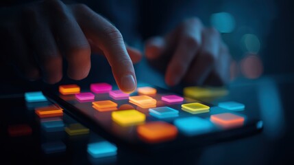Fototapeta premium A close-up of fingers interacting with a vibrant touchscreen displaying colorful app icons in a dark environment.