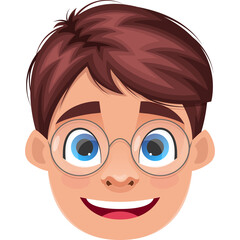 Close Up Portrait Of A Smiling Young Boy With Brown Hair Blue Eyes And Round Glasses Wearing A Blue Shirt With A Transparent Background