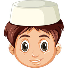 Close Up Portrait of a Young Boy Wearing a White Taqiyah Cap Smiling with Brown Eyes and Short Brown Hair Set Against a Transparent Background