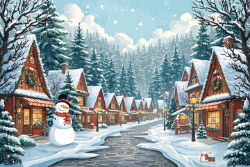 Winter Christmas Street Village City with trees, pine, fir, snow and snowman. Hand drawn illustration.