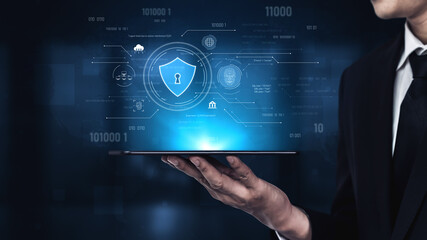 Cyber security interface with biometric and AI-powered protection system. Cyber security secures...