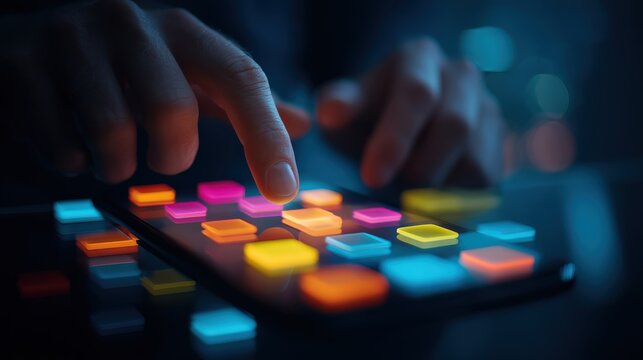 A close-up of fingers interacting with a vibrant touchscreen displaying colorful app icons in a dark environment.