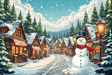 Winter Christmas Street Village City with trees, pine, fir, snow and snowman. Hand drawn illustration.