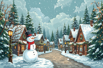 Winter Christmas Street Village City with trees, pine, fir, snow and snowman. Hand drawn illustration.