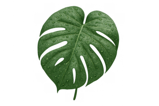 Monstera deliciosa leaf with water drops, a tropical houseplant on a transparent background