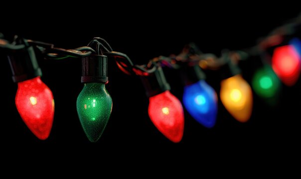 A string of Christmas lights with a black background