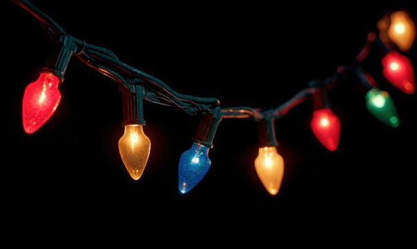 A string of Christmas lights with a black background