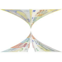 Euro banknotes of two hundred, one hundred, fifty, twenty, ten and five euro notes disposed in a curved star shape, isolated on a transparent background with geometric deformation altering perspective