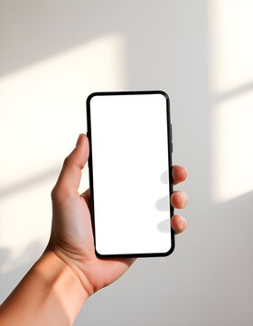 Hand holding modern smartphone with empty screen. Mobile phone mockup for app developers and designers. Ideal for showcasing digital products and mobile applications.

