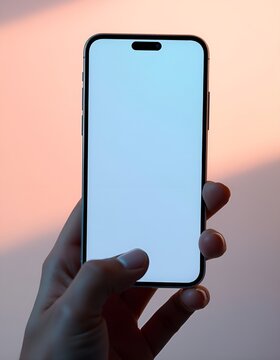Hand holding modern smartphone with empty screen. Mobile phone mockup for app developers and designers. Ideal for showcasing digital products and mobile applications.
