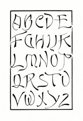 Hand-drawn alphabet created with ink and pen. Artistic black lettering in elegant ornamental style on white background.