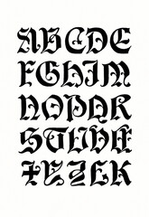 Hand-drawn alphabet created with ink and pen. Artistic black lettering in elegant ornamental style on white background.