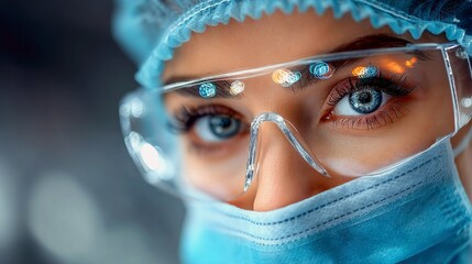 A close-up shot focuses on the intense blue eyes of a medical professional wearing a surgical mask and protective goggles, reflecting lights.