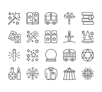 20 set of outline web magic icons such as spellbook, tickets, potion, potion, shirt vector thin icons for report, presentation, diagram, web design, mobile app