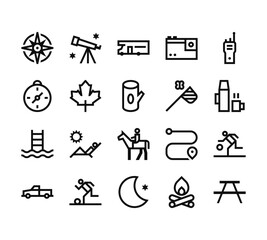 20 set of outline web outdoor activities icons such as telescope, compass, swimming pool, x, moon vector thin icons for report, presentation, diagram, web design, mobile app