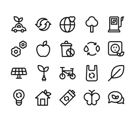 20 set of outline web ecology icons such as recycle, flowers, solar, light, battery vector thin icons for report, presentation, diagram, web design, mobile app