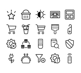 20 set of outline web miscellaneous icons such as shopping basket, shopping cart, tings, plug, filter vector thin icons for report, presentation, diagram, web design, mobile app