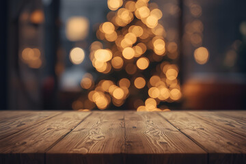 Empty table top with blur christmas lights background.