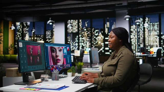 Woman expert developer works with photo editing software and AI, digital media retouching and generating content. Using dual monitors to ensure innovation in the graphic design world. Camera A.