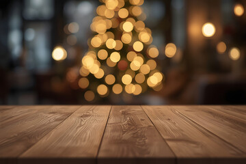 Empty table top with blur christmas lights background.