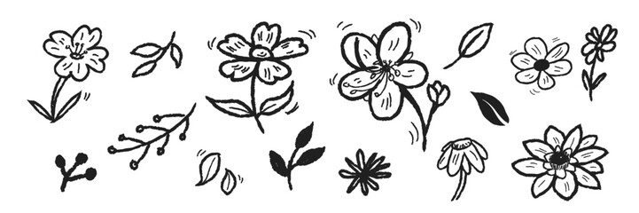 Abstract minimal tattoo flower collection. Vector illustration. Ink hand drawn wild flowers set. Floral Doodle set