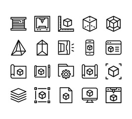20 set of outline web d printing icons such as d printing, pyramid, prototype, layers, d vector thin icons for report, presentation, diagram, web design, mobile app