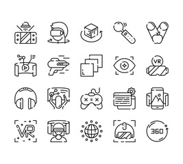 20 set of outline web virtual reality icons such as rotation, video, headphones, vr, internet vector thin icons for report, presentation, diagram, web design, mobile app