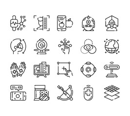 20 set of outline web virtual reality icons such as face detection, virtual reality, gloves, virtual reality, arc vector thin icons for report, presentation, diagram, web design, mobile app