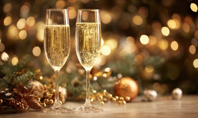Two champagne glasses are on a table with a Christmas tree in the background