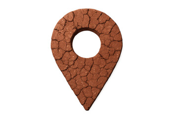 Map pin icon showing dry cracked earth, symbolizing drought, climate change impact, and environmental crisis location