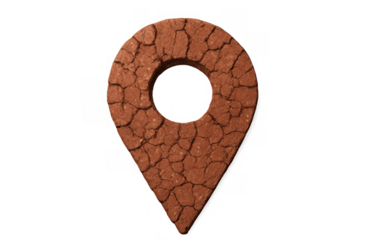 Map pin icon showing dry cracked earth, symbolizing drought, climate change impact, and environmental crisis location
