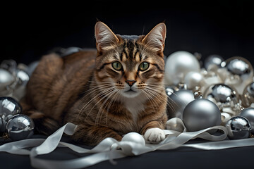 Cat Laying in Silver Christmas Ornaments.
