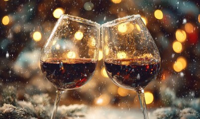 Two wine glasses are filled with red wine and are placed next to each other